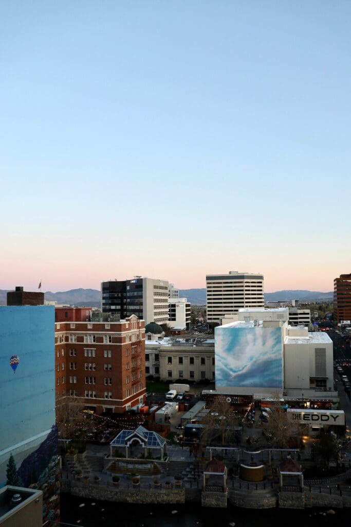 Reno investment property skyline view of downtown with river and murals